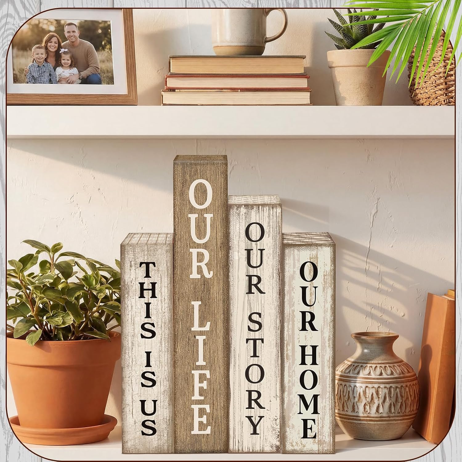 Lineshading 4 Pcs Farmhouse Table Decor Wooden Rustic Our Home Our Story Life Table Centerpiece Farmhouse Book Stack Block Sign for Tabletop Shelf Tiered Tray Desk Living Room Fireplace Home