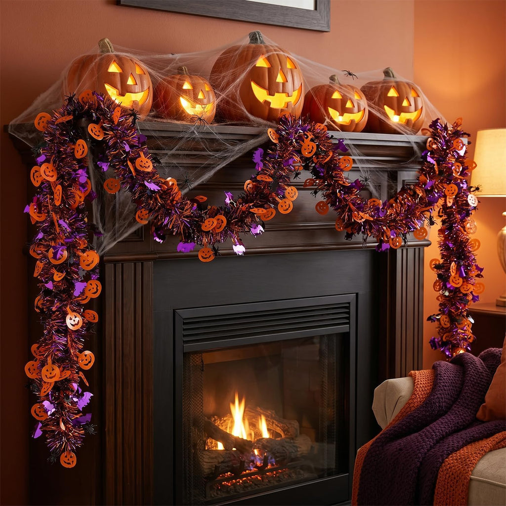 Halloween Tinsel Garland Decor, 50Ft Glitter Tinsel Twist Garland Decorations for Halloween Party Decor