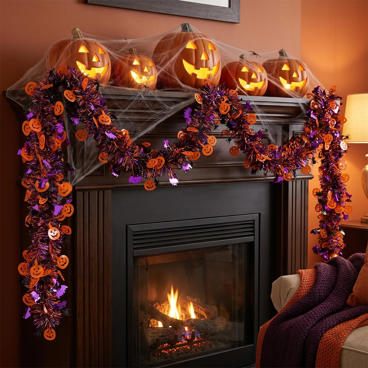 Halloween Tinsel Garland Decor, 50Ft Glitter Tinsel Twist Garland Decorations for Halloween Party Decor