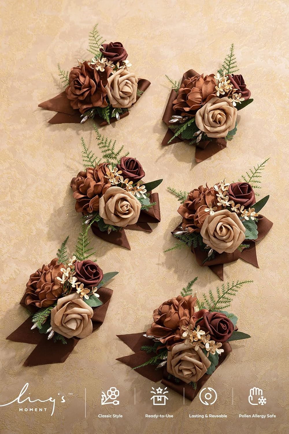 Ling's moment 6pcs Corsage Wristlet, Fall Wedding Decor, Walnut Brown | Girl/Mother/Women, Homecoming Prom, Graduation Party, Wrist Band Décor, with Ribbon, Artificial Flowers, Sand Beige