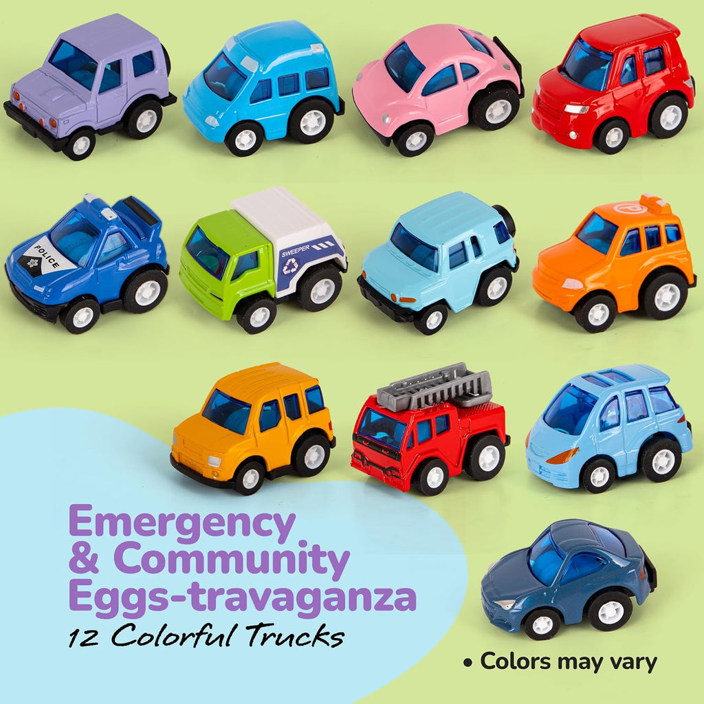 ArtCreativity Pre-Filled Easter Eggs with Diecast Vehicles for Hunt - 12 Emergency & Community Vehicles, Fire Trucks, Ambulances with Pull-Back Function - Easter Basket Stuffers