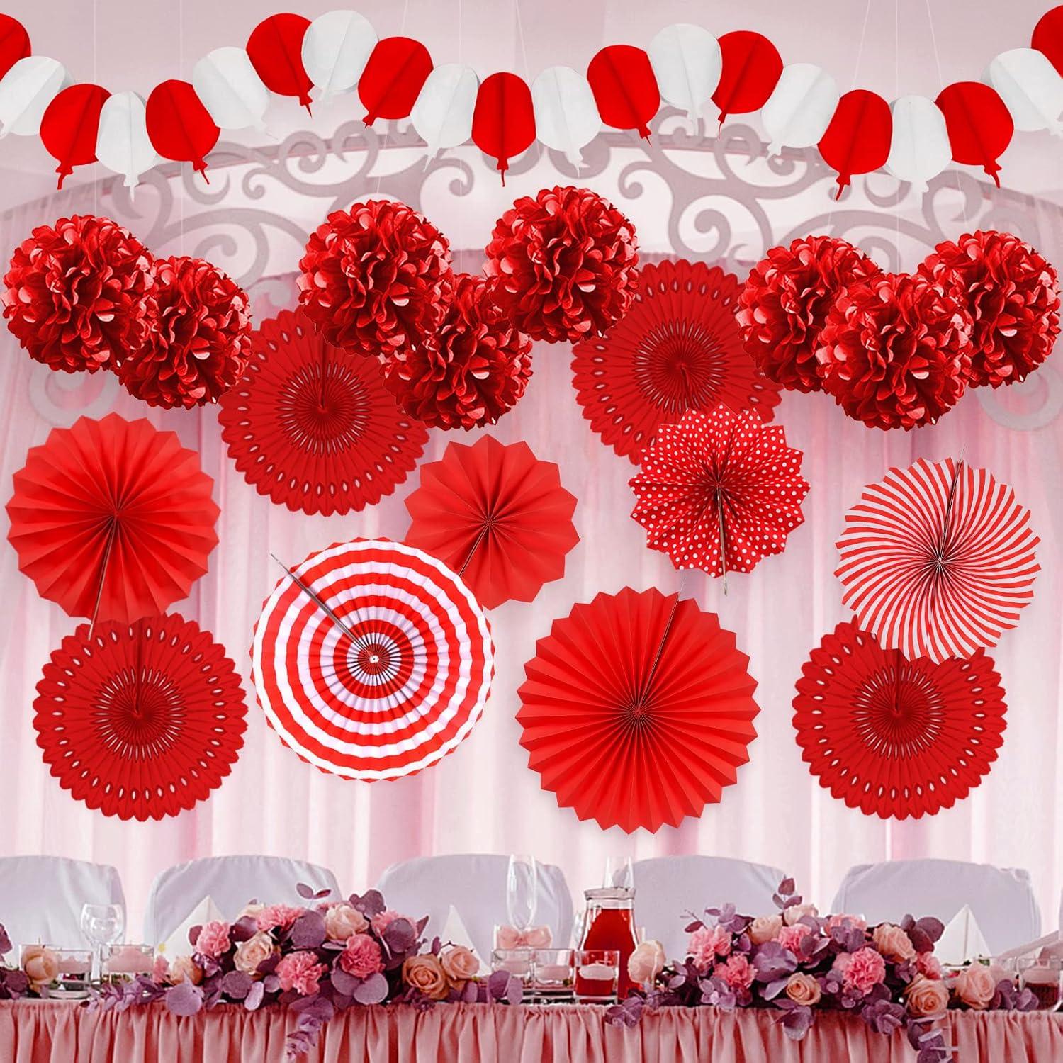 Red Party Decorations, Papar Fans Pompoms Fans Garlands for Birthday Bridal Baby Shower Wedding Graduation New Years Valentine's Day Party Decorations