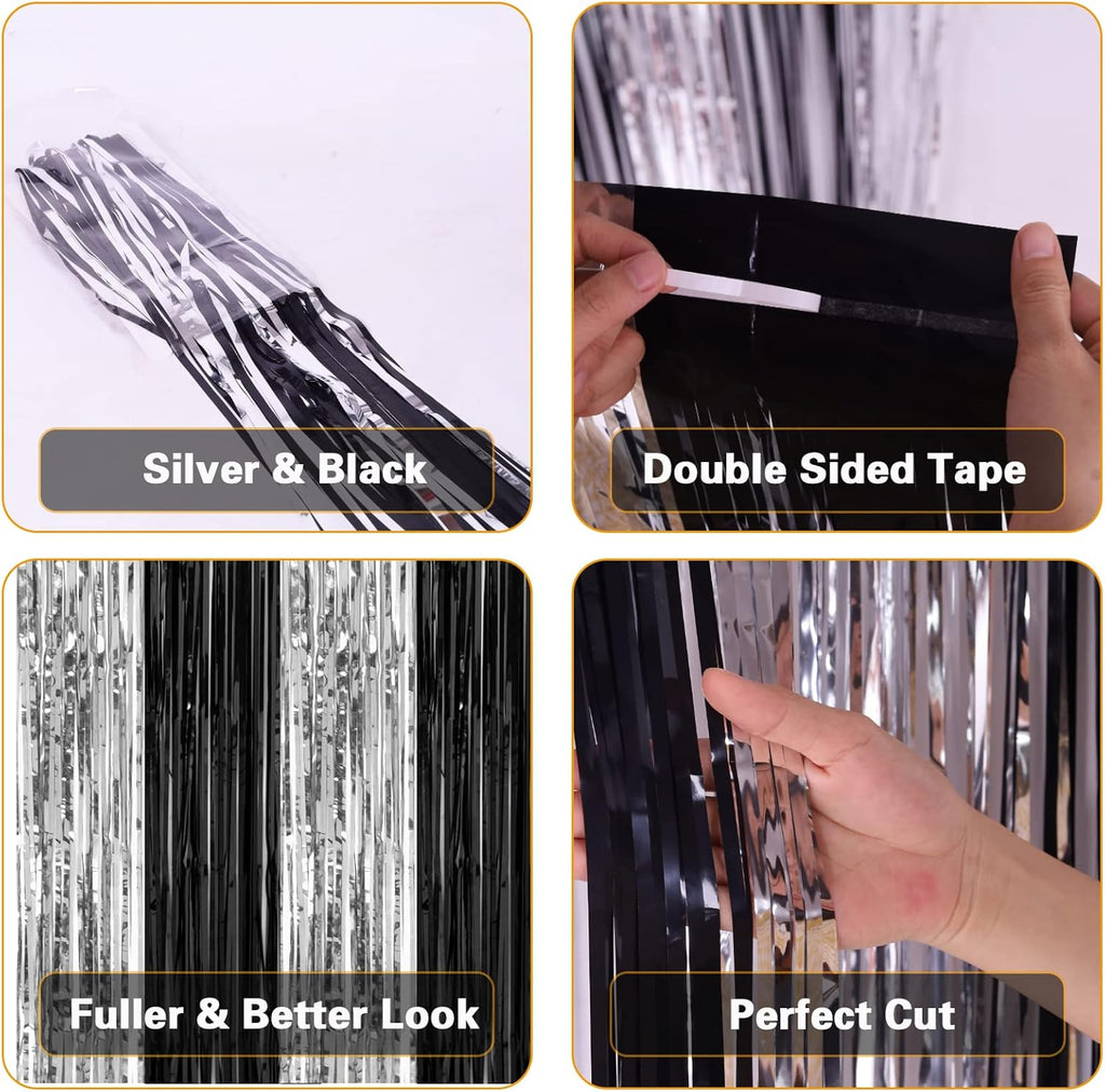 PIGETALE, 2 Pack 3.2 x 8.2 ft Black and Silver Foil Fringe Curtains Party Decorations, Sparkle Tinsel Curtain Photo Backdrop for Birthday Wedding Graduation Stream