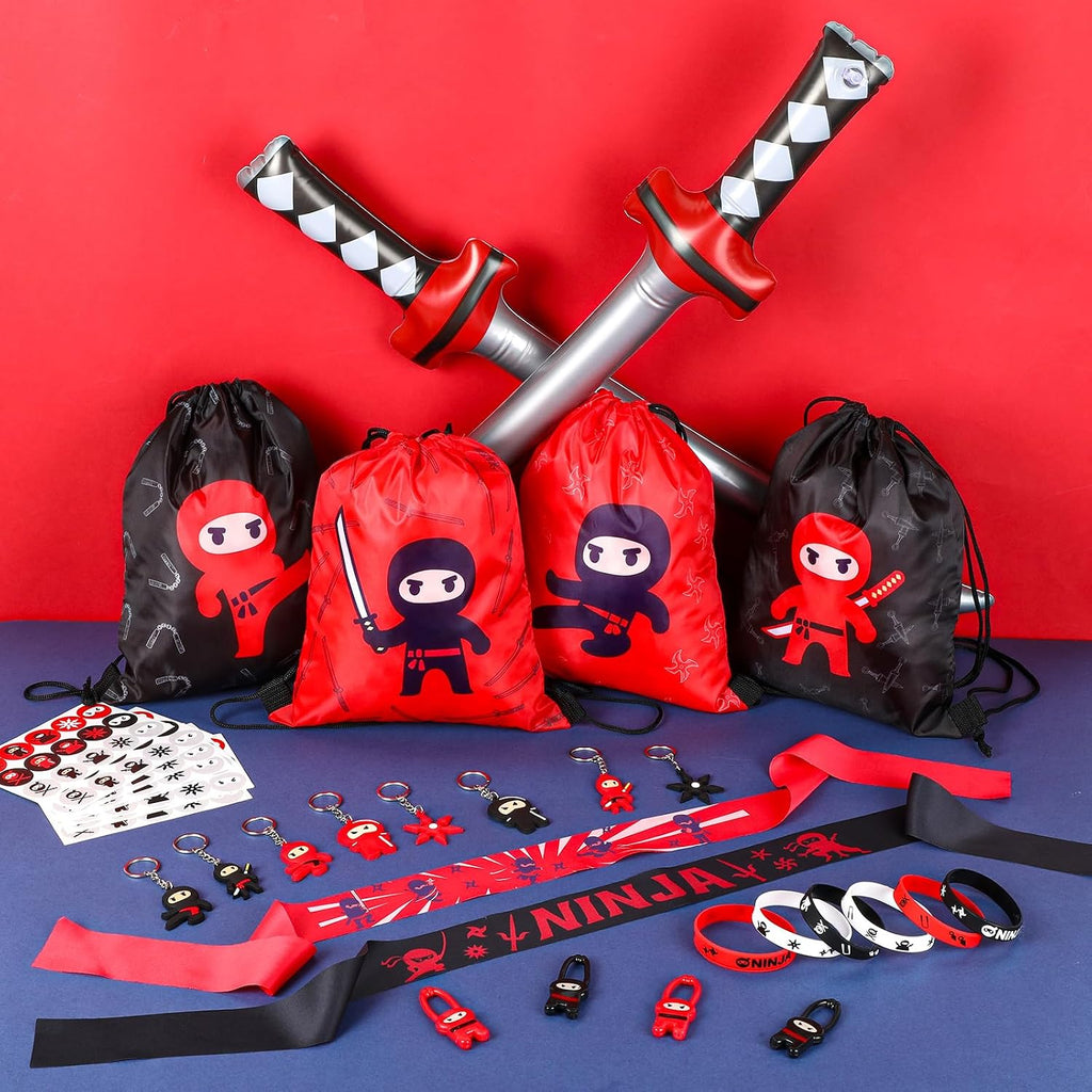 Tondiamo 168 Pcs Ninja and Pirate Party Favors with Drawstring Backpack Headband Inflatable Sword Bracelet Sticker Keychain Stretch Ninja or Pirate Eye Mask For Karate Birthday (Ninja Style)