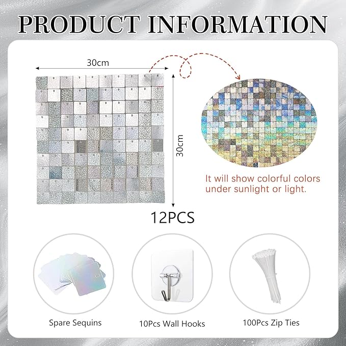 12PCS Silver Shimmer Wall Backdrop, Laser Square Sequin Photo Backdrops Panel, Glitter Wall Background for Birthdays, Weddings, Christmas, Engagements, Disco Bachelorette Party Decoration (3FTx4FT)