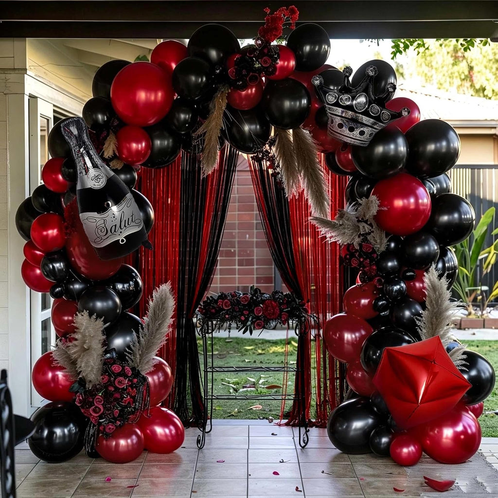 red black party balloon kit 2pack foil fringe showing dimensions