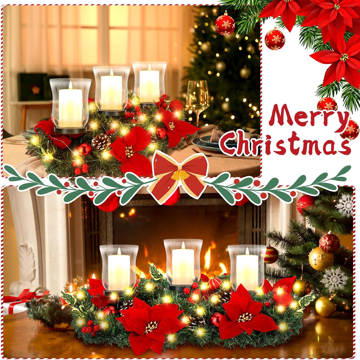 Sliner Christmas Candle Holder Centerpiece Christmas Poinsettia Glass Candle Holder Romantic Holiday Candelabrum for Xmas Party Table Mantel Decorations