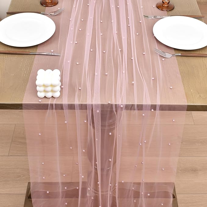Joanlody Fall Pearl Table Runner 10ft Rustic Boho Tulle Table Runner with Pearls for Baby Shower Wedding Party Veil Dessert Thanksgiving Table Decor Dusty Rose