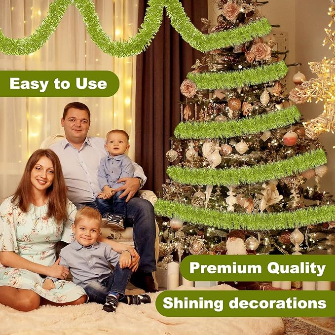 50 Feet Light Green Christmas Tinsel Garland, Metallic Foil Twist Banner Wall Hanging Tinsel Streamers Backdrop for Parade Floats, Christmas, Mother's Day, Birthday Party Decorations(2in x 50ft)