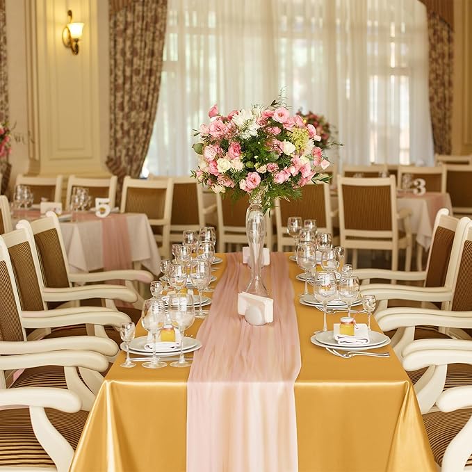 TURSTIN 4 Packs Gold Satin Tablecloth 102 x 58 Inch Overlay Satin Table Cover Rectangle Bright Silk Tablecloth Smooth Fabric Table Decoration for Wedding Banquet Party Events
