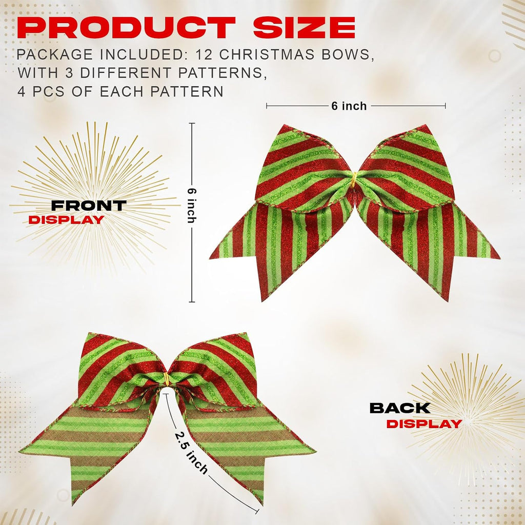 12 Pcs Grinch Bows Decoration, 6 Inch Large Christmas Bows for Tree Gift Wrapping Wreaths Garland, Glitter Decor Holiday Party Crafts Xmas Tree Ribbon Ornaments(Grinch Style)