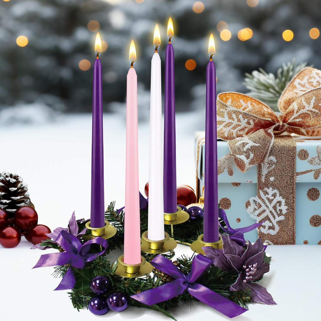 Mega Candles 5 pcs Unscented Christmas Advent Candles Set, Hand Poured Premium Wax Taper Candle 10 Inch x 7/8 Inch, Holidays, Occasions, Events, Festivitiess, Devotional, Church, Wreath, Party, Gifts