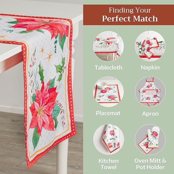 Maison d' Hermine Table Runner 100% Cotton Single Layer Table Runners 108 inches Long for Thanksgiving Christmas Decorations Home Kitchen Dining Party Wedding (Poinsettia Christmas, 14.5" x 108")