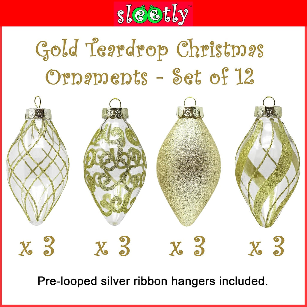 Gold Christmas Ornaments Set for Tree Decorations, Teardrop Finial | Large Gold Teardrop Pendant Tree Ornaments, Shatterproof Xmas Drop Decorations, Assorted Styles, 4in, 12-Piece Set