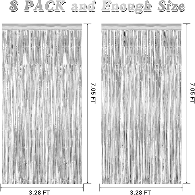8 Pack Silver Backdrop, 3.28 FT x 7.05 FT Birthday Backdrop, Metallic Silver Tinsel Curtain Disco Party Streamer, Bachelorette Party Decorations Birthday Photo Booth Props