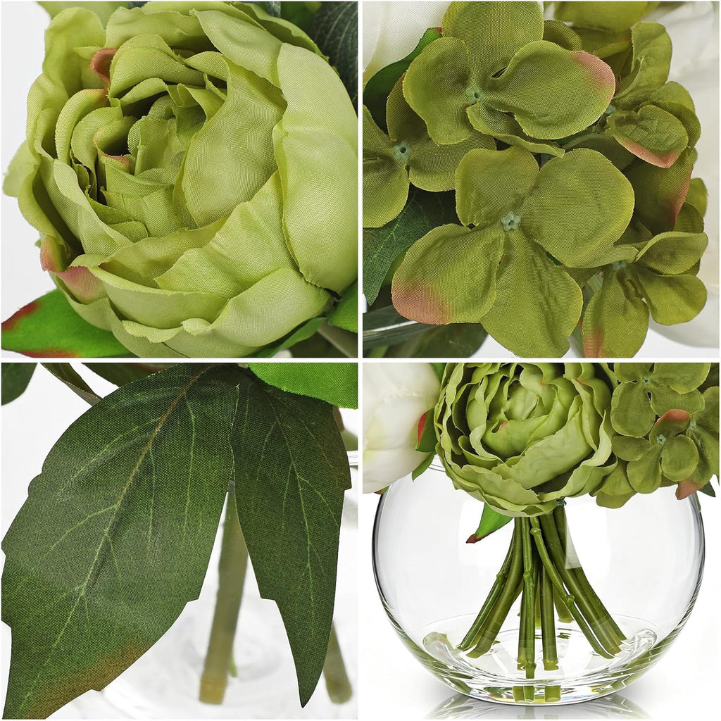 hollyone peonies artificial flowers in vase white green, close-up detail