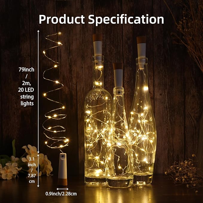 Wine Bottle Lights - 4 Pack Rechargeable Battery Operated 140mAh 20 LED Bottle Stoppers，8 Light Modes Switching,Perfect for Christmas, Weddings, Halloween, and More(Warm)