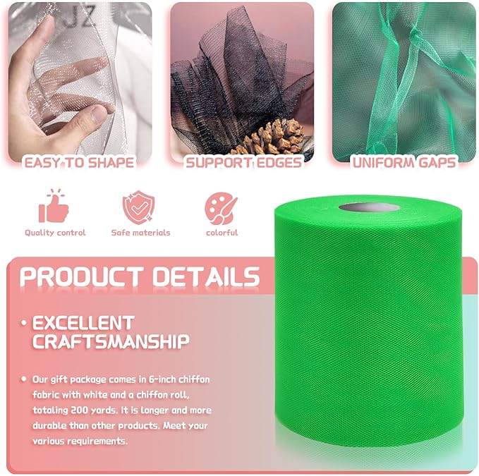 6" x 200 Yards Emerald Green Tulle Fabric Rolls, Green Spool Tulle Ribbon for DIY Tutu Skirt Gift Wrapping Bow Wedding Decoration Baby Shower Birthday Party Backdrop Craft Supplies
