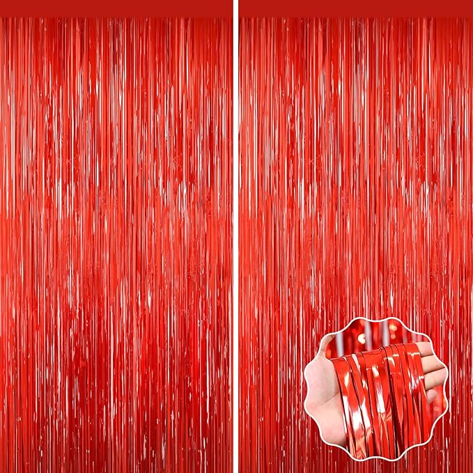 Red Tinsel Backdrop, 2Pack Fringe Curtains, Red Foil Tinsel Party Streamer Backdrop Curtains, Engagement Wedding Photo Backdrop Party Decorations for Wedding Anniversaries Christmas Baby Shower Decors