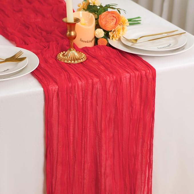 Snowkingdom 10 Ft Red Cheesecloth Table Runner, 120 inch Long Cheese Cloth Boho Gauze Runner for Wedding Bridal Baby Shower Birthday Sheer Table Decorations
