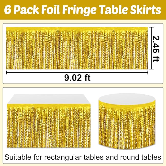 6 Pack 29x108 Inch Gold Wave Foil Fringe Table Skirts Metallic Banner for Tinsel Streamer Garland Backdrop for Parade Floats Wedding, Mother's Day, Birthday Mardi Gras Party Decorations