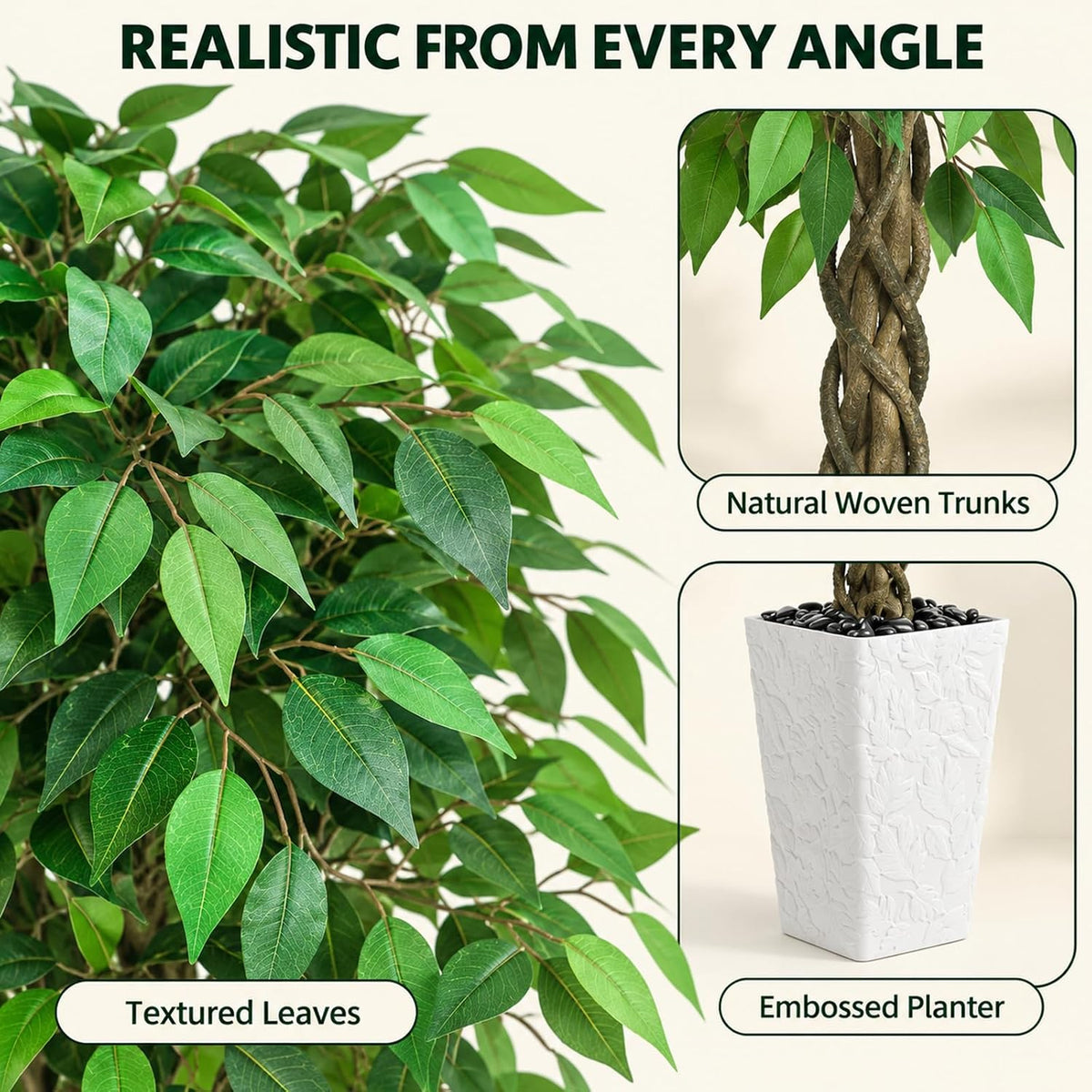 Artificial Ficus Tree 6FT, Large Fake Tree for Home Decor (White Planter)