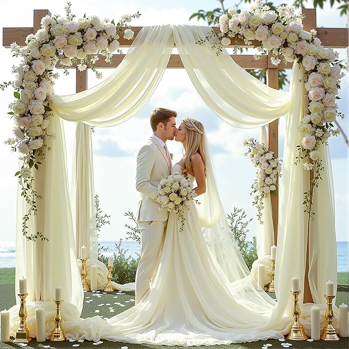Wedding Arch Draping Fabric, 2 Panels 6 Yards Ivory Sheer Backdrop Curtain Chiffon Fabric Drapery for Wedding Ceremony Reception Swag Decorations (Ivory Drapes Curtain, (2 Panels) 6 Yards/36ft)