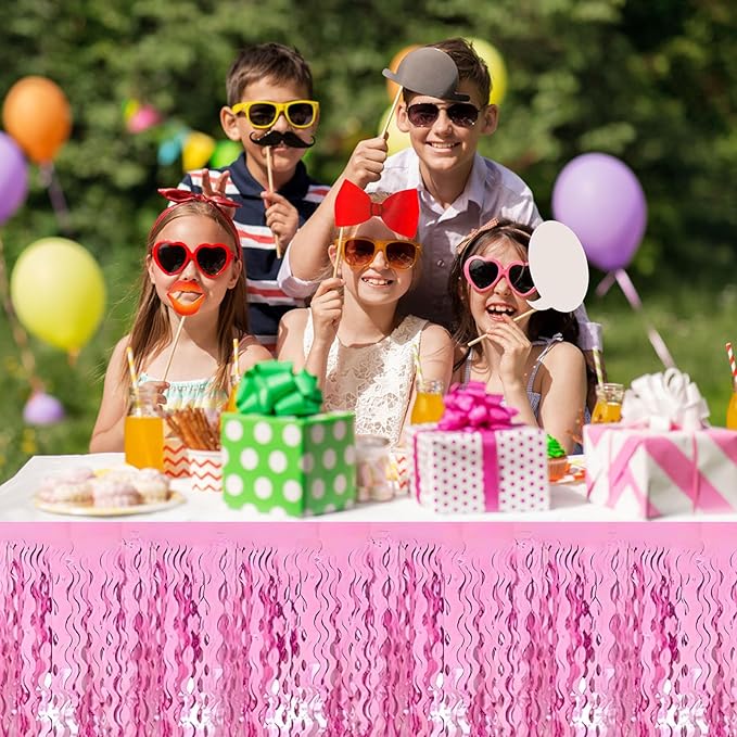 6 Pack 29 x108 Inch Pink Wave Foil Fringe Table Skirts Metallic Banner for Tinsel Streamer Garland Backdrop for Parade Floats, Mother's Day, Easter, Wedding, Birthday Party Decoration
