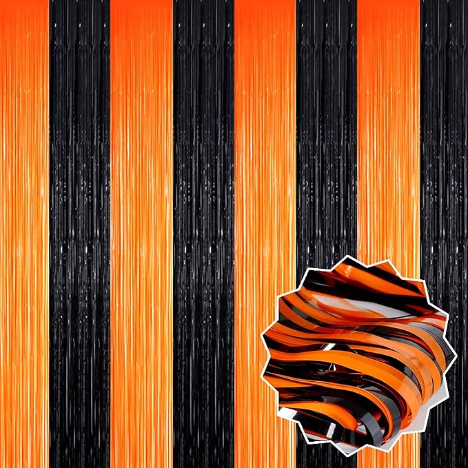 6 Pack Black Orange Foil Fringe Curtains Backdrop, 3.28 x 8.2 Ft Metallic Streamers Tinsel Curtains Background for Photo Booth, Birthday, Weddings, Carnivals, Graduation, Themed Party Decorations