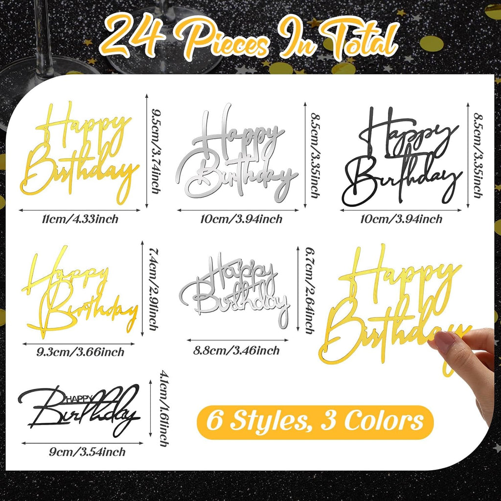 Barydat 24 Pieces Happy Birthday Cake Toppers Mirror Acrylic Cupcake Topper Happy Birthday Sign for Cake Side Cupcake Decorations, 3 Colors, 6 Styles