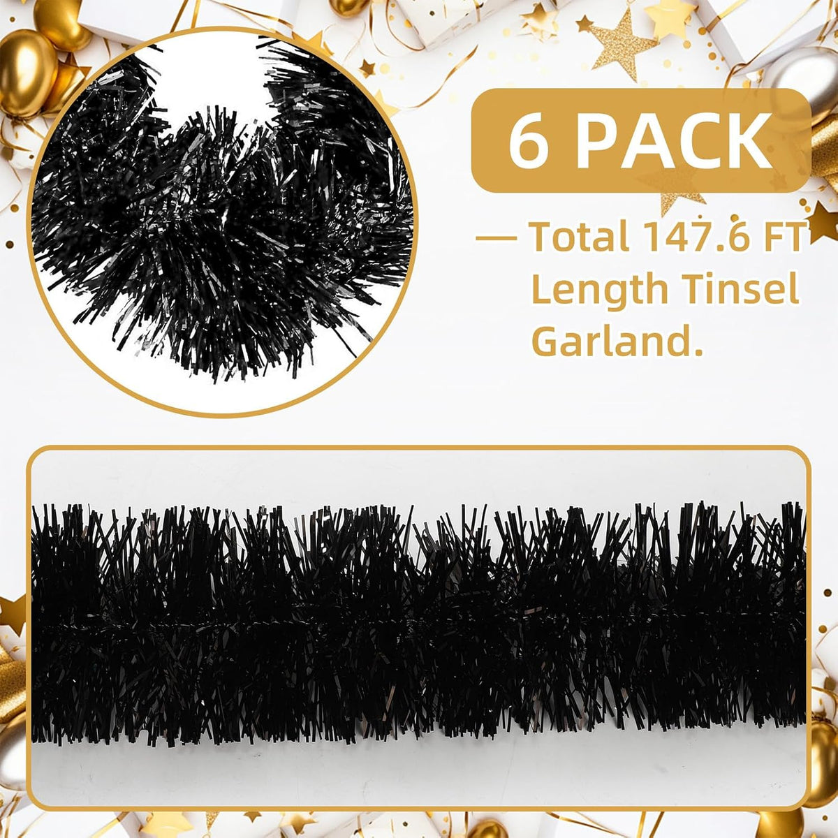 150 ft black tinsel garland - holiday tinsel, side view