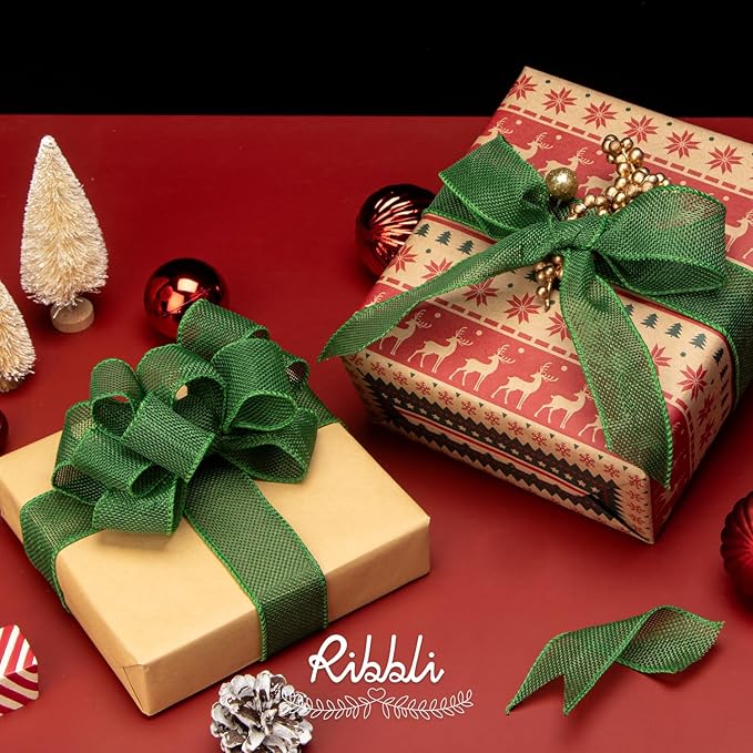 Ribbli Emerald Green Burlap Wired Ribbon, 1-1/2” Inch x Continuous 20 Yard, Green Wired Ribbon for Wreaths,Big Bows,Tree Decoration,Outdoor Decoration