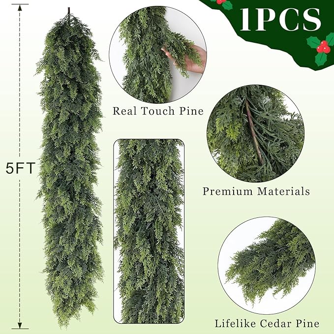 Christmas Cedar Garland - 5ft Artificial Cedar Garland Faux Lush Green Fake Pine Needles for Fireplace,Table,Window,Stairs,Mante,Holiday Indoor Outdoor Xmas Decor(1PCS)