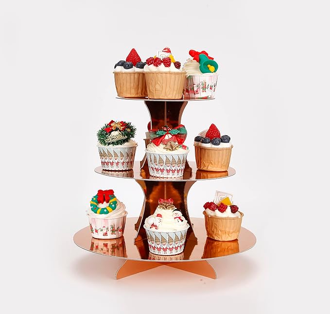 3-Tier Cupcake Stand, Rose Gold Cardboard Cake Stand holder, Tiered DIY Cupcake Stand Tower for Dessert Table Displays, Birthday Theme Party Favors Decoration, Floral Tea Party, 12" W x 12.8" H