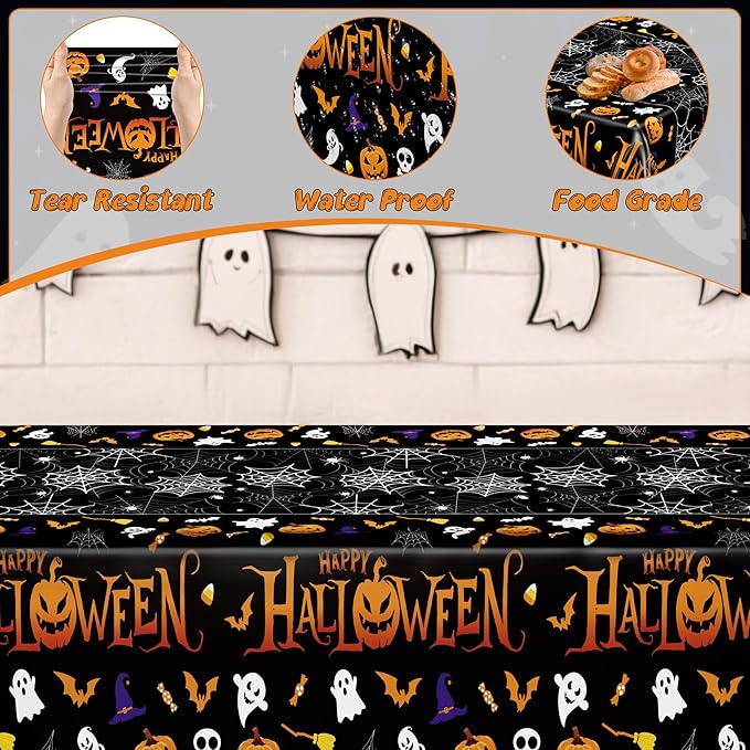 QZYL 4 Pack Halloween Tablecloth, 54" x 108" Halloween Decorations, Pumpkin Design Disposable Tablecover Plastic Table Cloth, Spider Webs Decorations Party Supplies Tableware Indoor