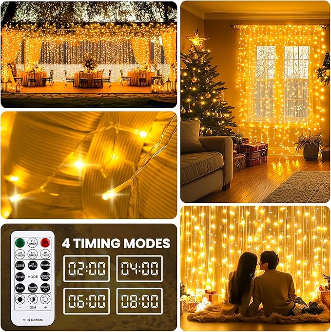 Curtain Light for Bedroom, 200LED 6.6x6.6ft Warm White Window Wall Hanging Fairy Curtain String Light, 8 Modes Remote Fairy String Lights Indoor for Wedding Party Home Garden Decorations