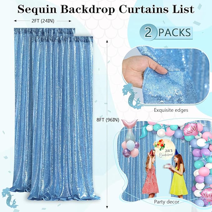 Baby Blue Sequin Backdrop 2 Panels 2FTx8FT Party Backdrop Curtains Glitter Birthday Bridal Curtains Sparkle Photo Backdrop