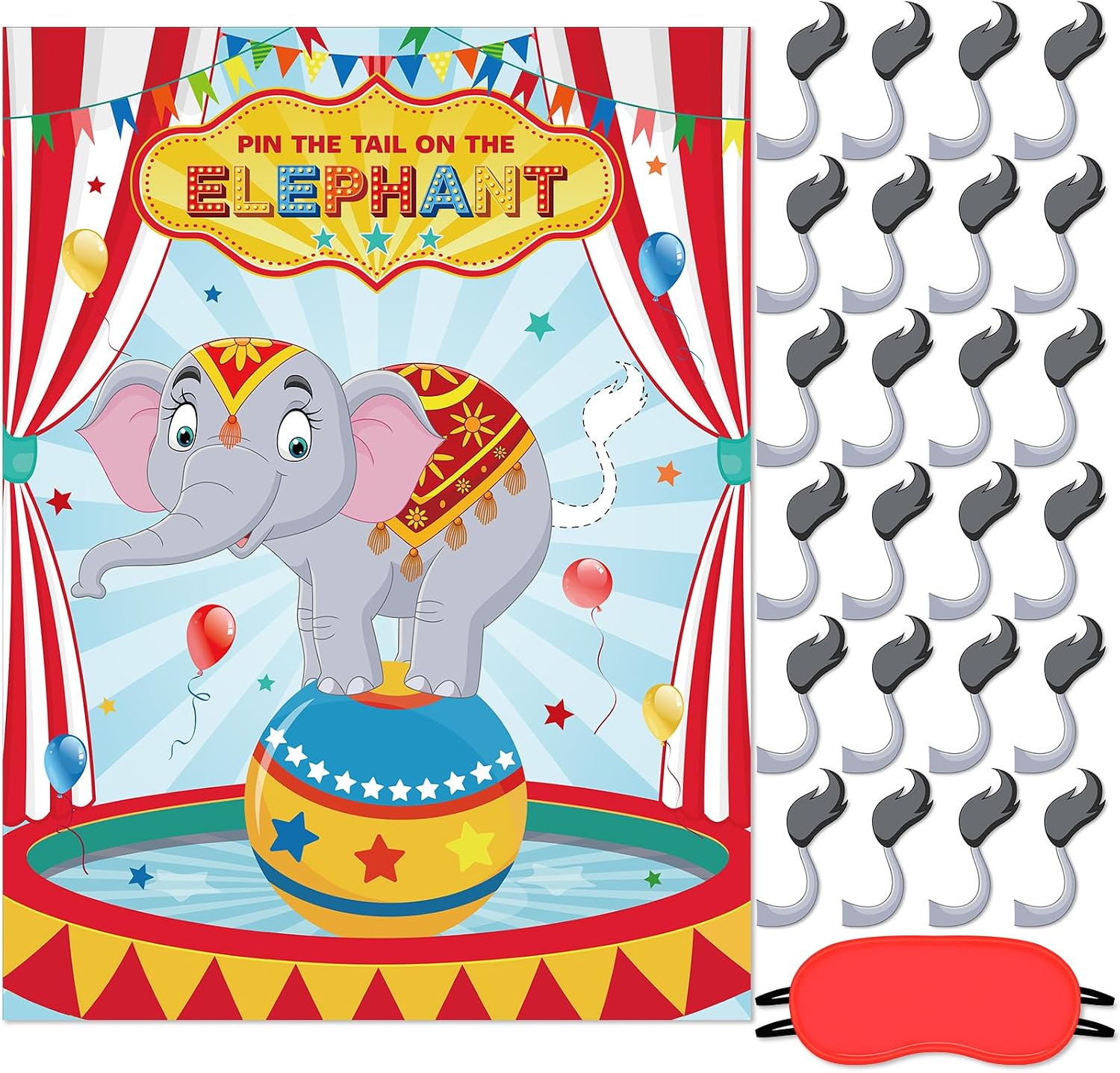 Faccito Carnival Circus Party Games Pin The Stickers on The Large Poster with 24 Pcs Stickers Blindfold Carnival Pin Game Set for Circus Birthday Party Decorations Activities Supplies(Elephant)