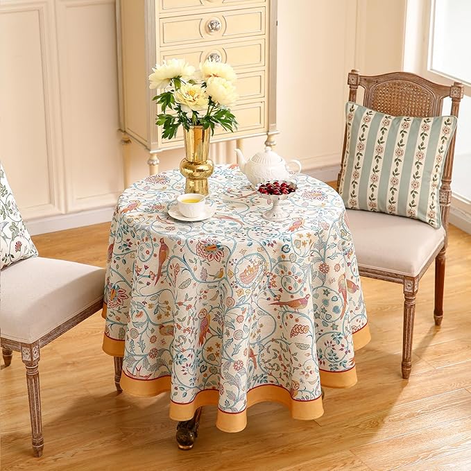 patdrea Designer Vintage Tablecloth for Round Table,Yellow Linen Floral Birds Tablecloths,Decorative Table Cover for Kitchen Dining Holiday Banquet,Christmas,Thanksgiving,Diameter 55"-Magnolia