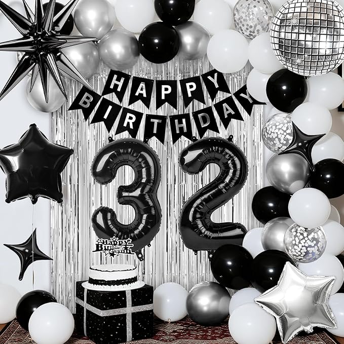 32nd Birthday Decorations for Men Women, Black Silver Happy Birthday Party Decorations， 32 Year Old Party Supplies with Number 32 Balloons, Banner, Fringe Curtains Kit