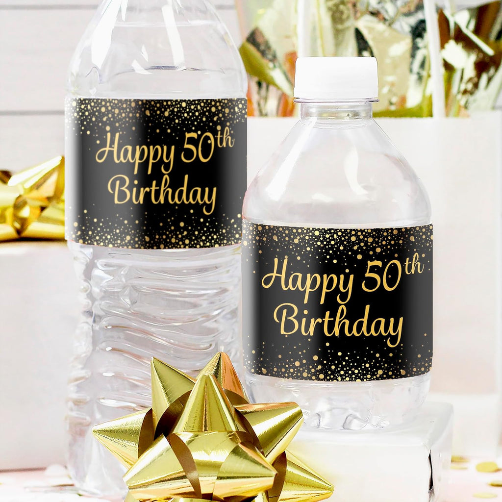 DISTINCTIVS Black and Gold 50th Birthday Water Bottle Labels – 20 Count – Waterproof – 50th Birthday Party Favors for Men and Women