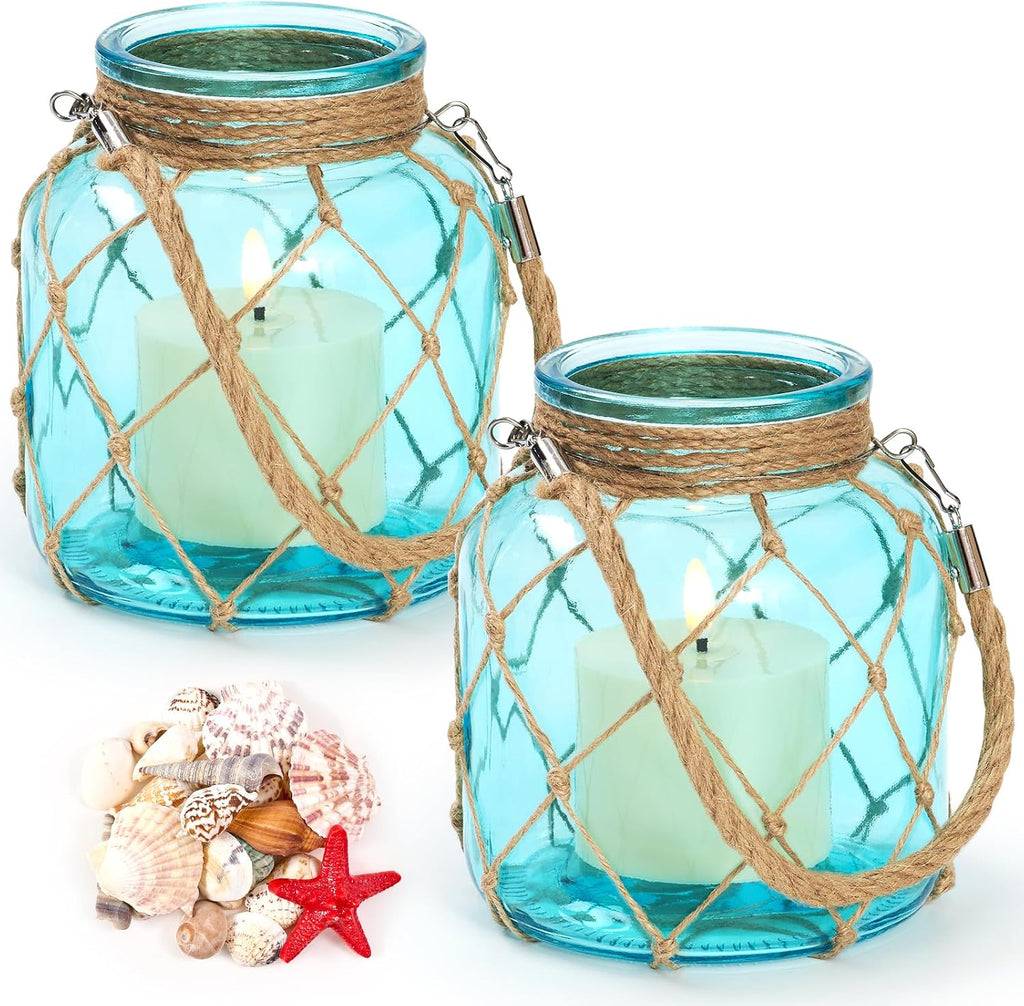 2 Set of Nautical Candle Lanterns, Coastal Beach Decor Blue Glass Jars with Rope Handle, Flameless LED Candles and Sea Shells for DIY Room Centerpiece Bathroom Ocean Decoration
