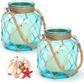 2 Set of Nautical Candle Lanterns, Coastal Beach Decor Blue Glass Jars with Rope Handle, Flameless LED Candles and Sea Shells for DIY Room Centerpiece Bathroom Ocean Decoration
