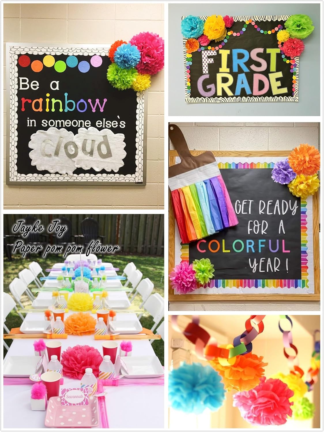 12pcs Colorful Paper Pom Poms Set for Party Decor (Mixed Size 8/10/12 Inch)