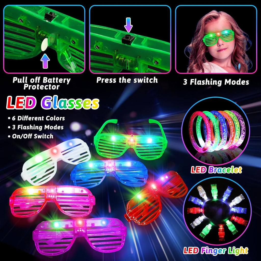156Pcs Glow In The Dark Party Supplies for Kids/Adults, Light Up Accessories with Glasses, Headband, Bracelets, Necklaces, Wand, 100 Glow Sticks Bulk Party Pack, Neon Disco Birthday Party Decorations