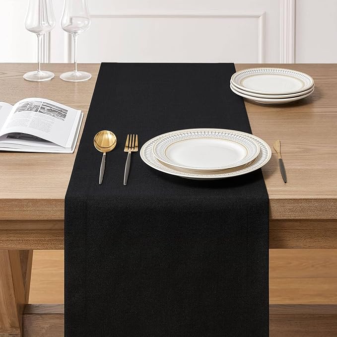 ZeeMart Linen Textured Border Table Runner, 14 x 48 Inch Black, Farmhouse Style Black Table Runners 48 Inches Long, Easy Care Everyday Polyester Table Runner