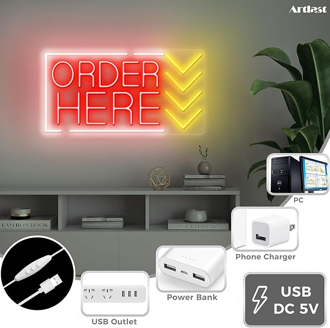 Order Here Neon Sign Red Light Up Order Here Sign for Store Supermarket LED Lights Order Decor Neon Lights Sign for Business Bar Shop Wall Decor