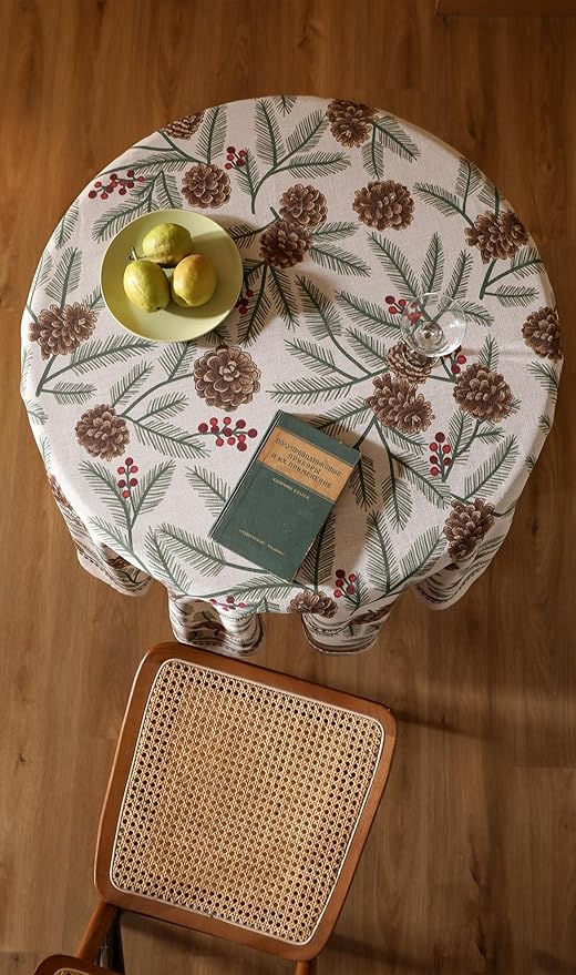 ISAENNE Designer Christmas Beige Linen Small Round Tablecloth,Pinecones Pattern Indoor Tablecloths,Washable Decor Table Cloth for Dining Thanksgiving Kitchen Christmas,Diameter 55"-Carol B