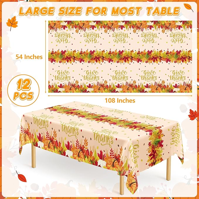 QZYL 12 Pack Thanksgiving Plastic Tablecloths, 54" x 108" Friendsgiving Tablecloth, Maple Leaves Pumpkin Rectangle Table Cloth Disposable Tablecover, Thanksgiving Party Supplies Fall Table Decor
