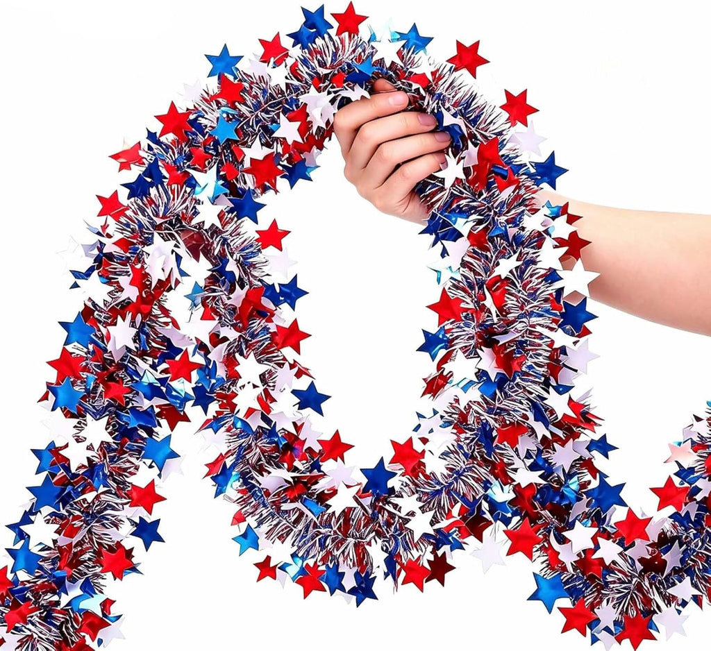 52.5Ft 4th of July Garland, Patriotic Red White and Blue Star Glitter Tinsel Twist Garland, 4th of July Decorations for Car Bike Golf Cart Independence Day Memorial Day Decor